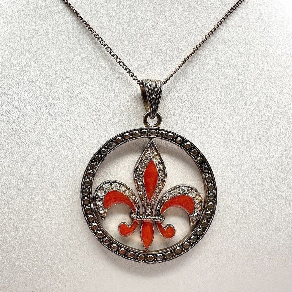 Vintage 90s Orange Fleur De Lis Pendant Necklace Multicolor Tone Women's Jewelry